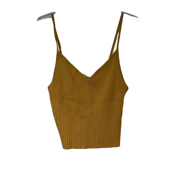 KENDALL & KYLE Crop Top Spaghetti Strap Ribbed Mustard Rayon Blend Size Large - Picture 9 of 9